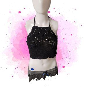 B.O.G. Collective Black Crochet Halter Crop Top Junior Size S 100% Cotton